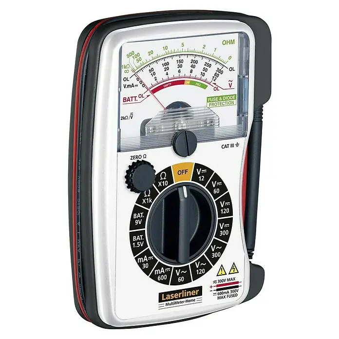 Laserliner Analog-Multimeter Home - 12 V - 300 V - Ein analoges Laserliner Multimeter-Home, ein Messgerät zur Messung von Spannung, Strom und Widerstand in einem Gehäuse mit Drehschalter.