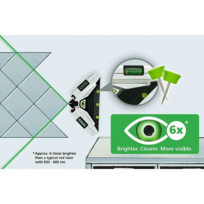 Laserliner Linienlaser SuperSquare 2GMax. Arbeitsbereich: 40 m, Messgenauigkeit: 0,5 mm/m - Das Bild zeigt einen grünen Laserstrahl, der von einem Gerät projiziert wird, zusammen mit dem Hinweis, dass er 6x heller ist.