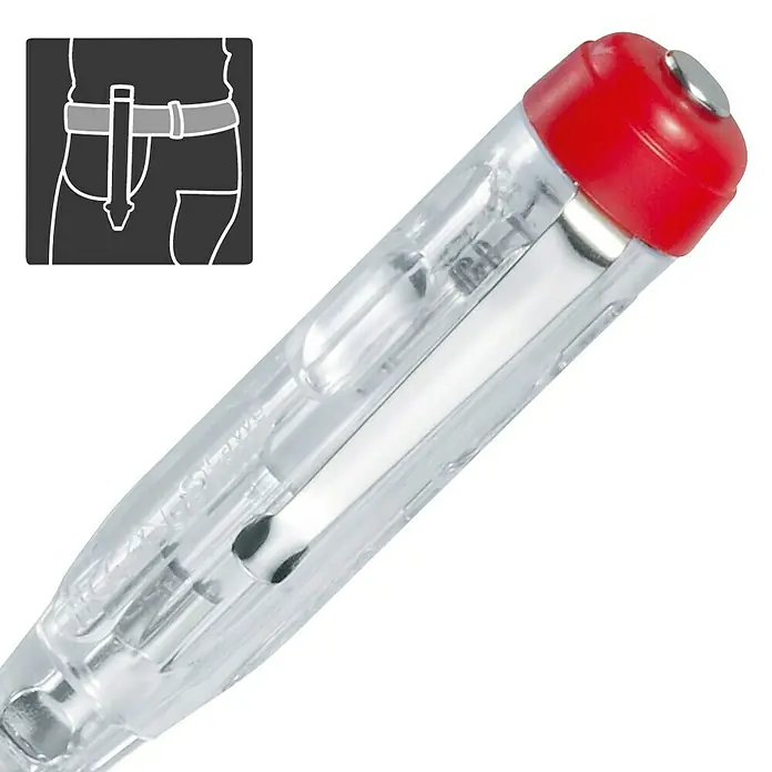 Laserliner Phasenprüfer-Set TipTest Duo - 2 -tlg., 150 V - 250 V - Ein Schraubendreher mit transparenter Klinge und rotem Griff, der ein leichtes Arbeiten ermöglicht und sich einfach an der Hose befestigen lässt.