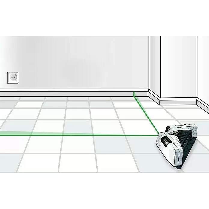 Laserliner Linienlaser SuperSquare 2G - Max. Arbeitsbereich: 40 m, Messgenauigkeit: 0,5 mm/m - Weiß-schwarzer Laser-Nivellierer projiziert grüne Linien auf Fliesenboden und Wand zur Ausrichtung.
