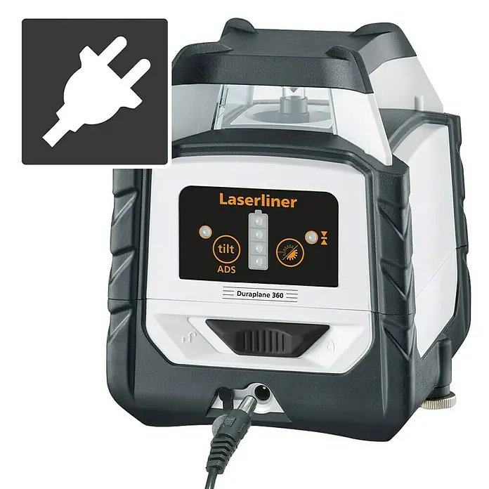 Laserliner Linienlaser Duraplane 360 - Messbereich: 0,15 - 40 m - Abbildung eines Laserliner Duraplane 360 Linienlasers mit Netzsteckersymbol, das die Stromversorgung hervorhebt.\n
