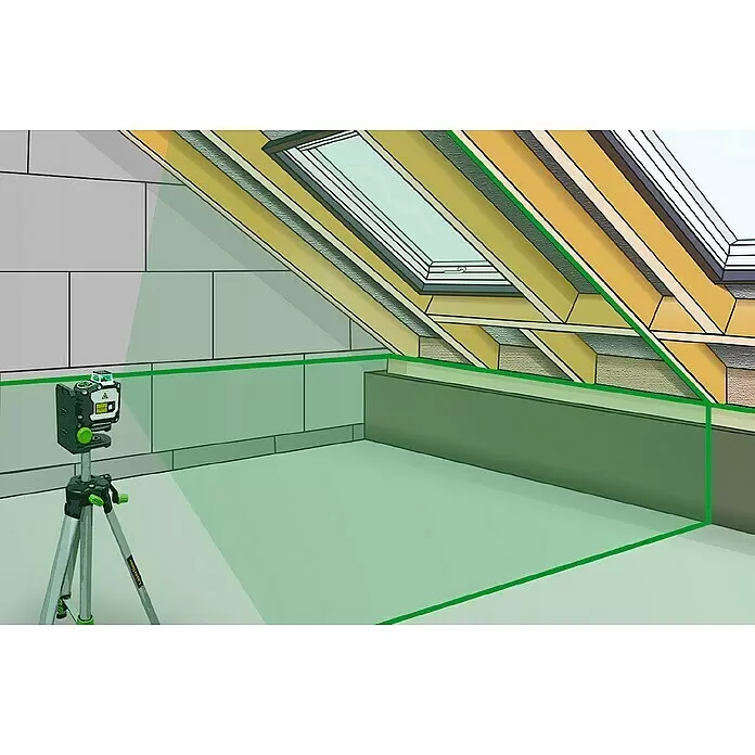 Laserliner Linienlaser CompactLine-Laser G360 Set - Max. Arbeitsbereich: 30 m - Grüner Kreuzlinienlaser auf Stativ, projiziert helle grüne Linien auf unfertige Dachbodenwände und Boden zur präzisen Ausrichtung.