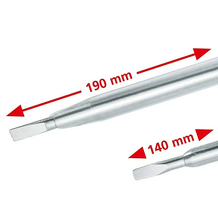 Laserliner Phasenprüfer-Set TipTest Duo - 2 -tlg., 150 V - 250 V - Abbildung zweier silberner Schraubendreher unterschiedlicher Größe, die die Abmessungen 190 mm bzw. 140 mm zeigen.