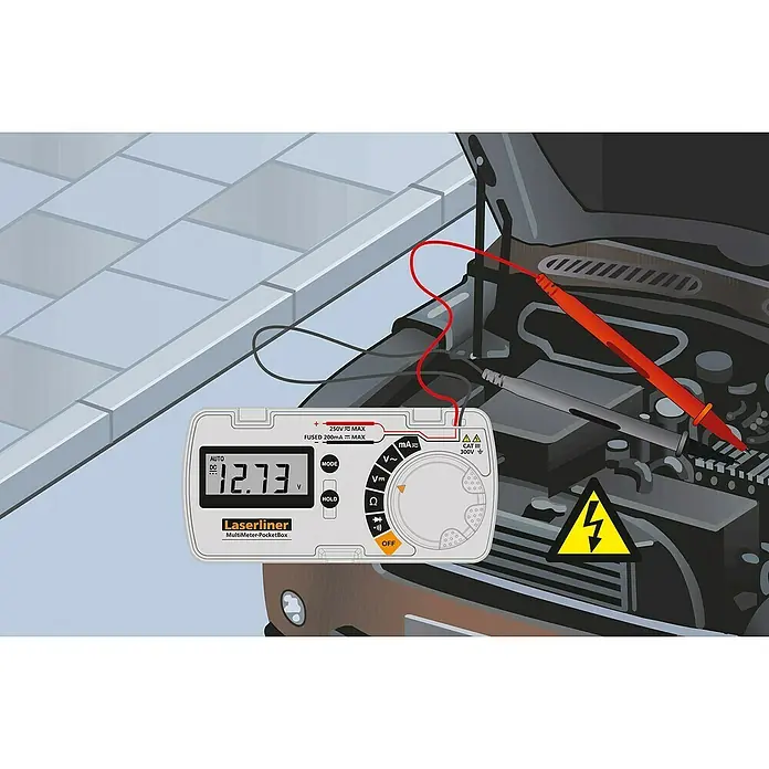 Laserliner Digital-Multimeter MultiMeter PocketBox - Messbereich: 50 - 60 Hz - Illustration eines Laseliner MultiMeter-PocketBox-Multimeters, das an eine Autobatterie angeschlossen ist und 12,73 V anzeigt.