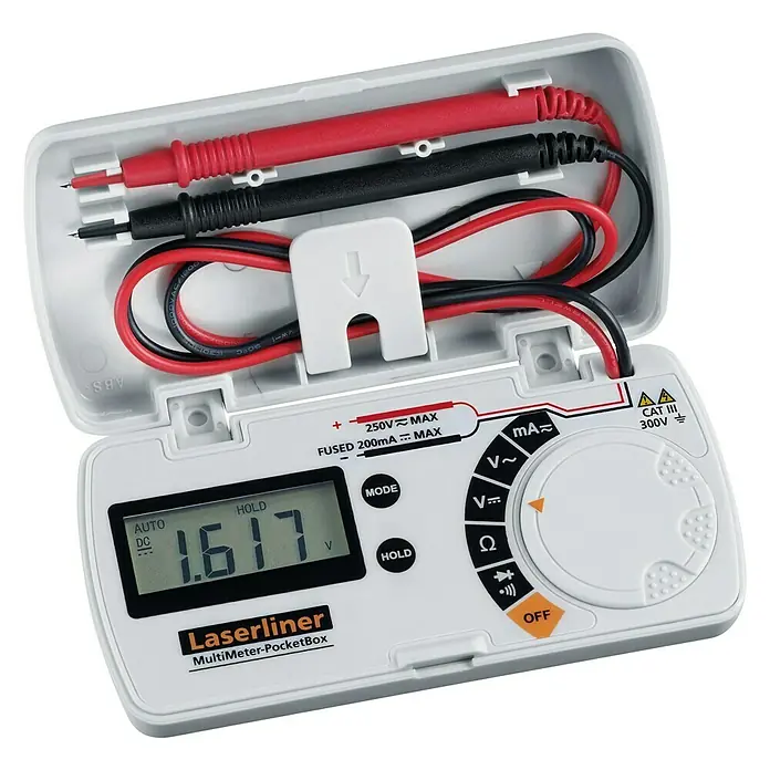 Laserliner Digital-Multimeter MultiMeter PocketBox - Messbereich: 50 - 60 Hz - Das Laserliner MultiMeter-PocketBox ist ein kompaktes und vielseitiges Messgerät mit praktischem Aufbewahrungsfach für Messleitungen.