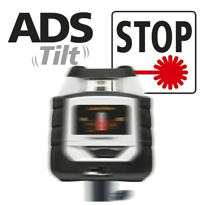 Laserliner Linienlaser Duraplane 360 - Messbereich: 0,15 - 40 m - Abbildung eines ADS STOP-Laser-Nivelliergeräts mit Tilt-Funktion für präzise Messungen und Ausrichtung.