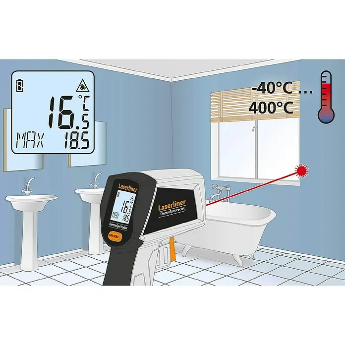 Laserliner Temperaturmessgerät ThermoSpot Pocket - -40 °C - 400 °C - Ein Laserliner ThermoSpot Pocket Infrarot-Thermometer in einem Badezimmer, das auf eine Wand gerichtet ist und Temperaturen von -40 °C bis 400 °C messen kann.