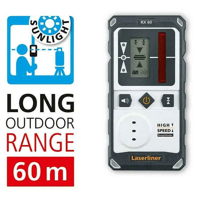 Laserliner Linienlaser Duraplane 360 - Messbereich: 0,15 - 40 m - Abbildung des Laserliner RX 60 Laserempfängers für den Außenbereich mit einer Reichweite von bis zu 60 Metern.