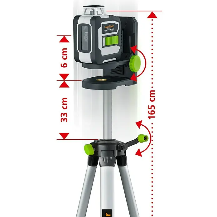 Laserliner Linienlaser CompactLine-Laser G360 Set - Max. Arbeitsbereich: 30 m - Abbildung des Laserliner CompactPlane-Laser 3D mit Stativ und Größenangaben.
