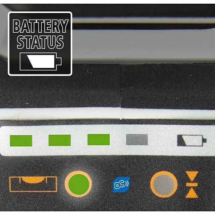 Laserliner Linienlaser CompactLine-Laser G360 Set - Max. Arbeitsbereich: 30 m - Gerätedisplay: 'BATTERIESTATUS' mit 3/4 Ladung. Drei grüne Balken und ein grünes Kreislicht sind beleuchtet, mit unbeleuchteten orangefarbenen und blauen Symbolen.