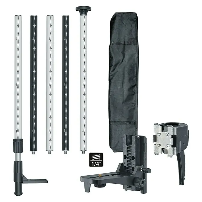 Laserliner Teleskopstange TelePod Plus - Aluminium - Produktdarstellung eines Nivellierstativ-Sets. Das Set beinhaltet Teleskopstangen, Halterungen und eine Tragetasche für den einfachen Transport.