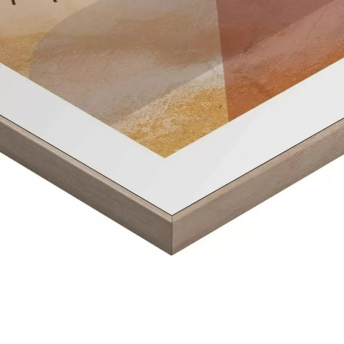 Reinders Bild Slim Frame Wood - Abstract Sun, B x H: 20 x 30 cm - Ecke eines gerahmten, abstrakten Kunstwerks mit hellem Holzrahmen und weißem Passepartout.