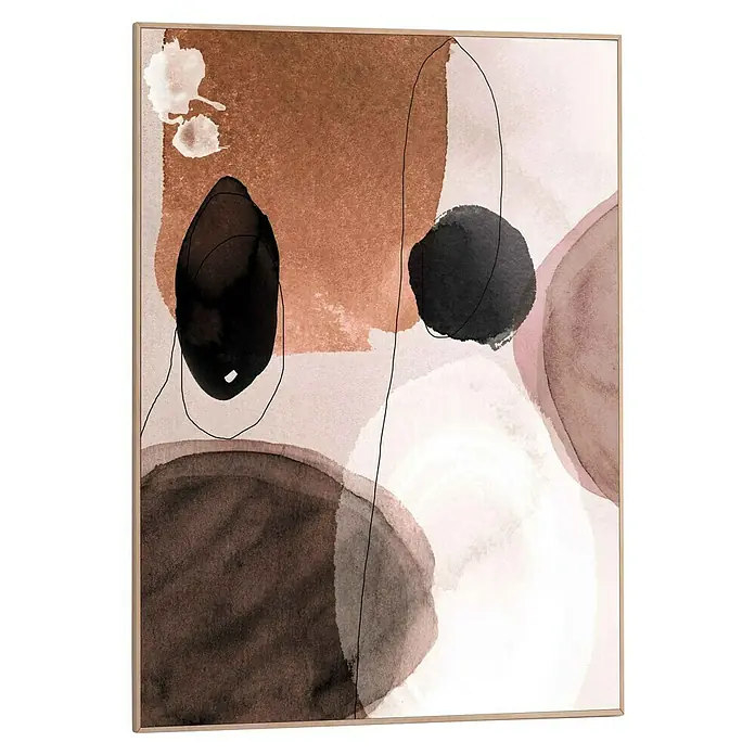 Reinders Bild Slim Frame Wood - Watercolours, B x H: 50 x 70 cm - Abstraktes Gemälde mit braunen, schwarzen und rosa Farbtönen, ergänzt durch zarte Linien und einen hellen Holzrahmen. Eine moderne Wanddekoration.