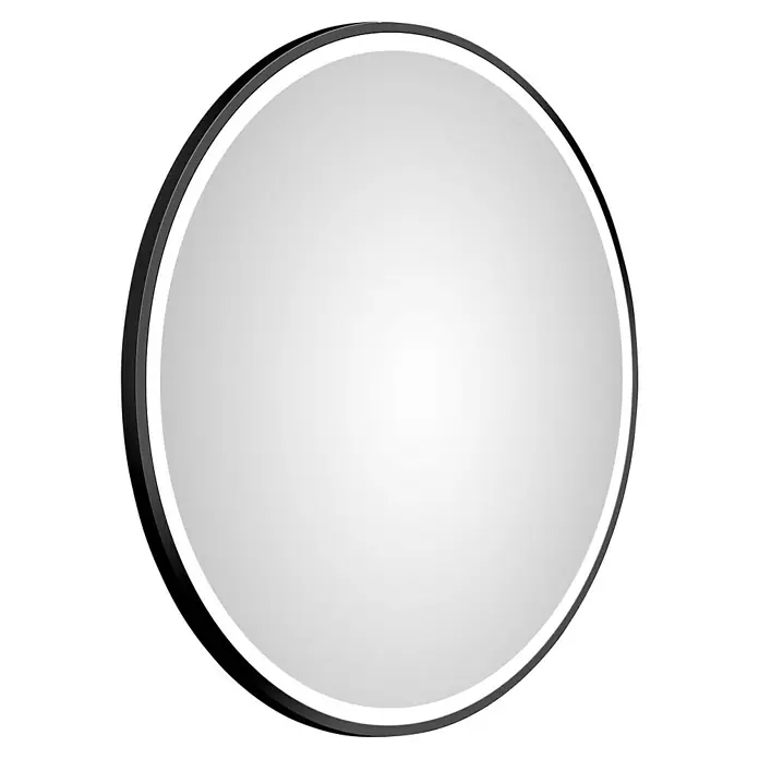 DSK Lichtspiegel Desire - Durchmesser: 55 cm, Schwarz, Leuchtmittel - Nahaufnahme eines runden Spiegels mit einem schmalen weißen Rahmen und einem dünnen schwarzen Rand, der das elegante Design hervorhebt.