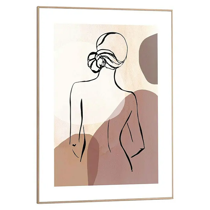 Reinders Bild Slim Frame Wood - Lady Back, B x H: 50 x 70 cm - Rahmenkunstwerk mit einer minimalistischen Illustration einer Frau von hinten, umgeben von abstrakten Formen in sanften Erdtönen.
