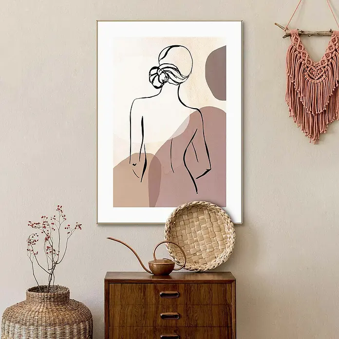Reinders Bild Slim Frame WoodLady Back, B x H: 50 x 70 cm - Elegantes Wandbild mit abstrakter Frauendarstellung in sanften Erdtönen, das jedem Raum eine stilvolle Note verleiht.