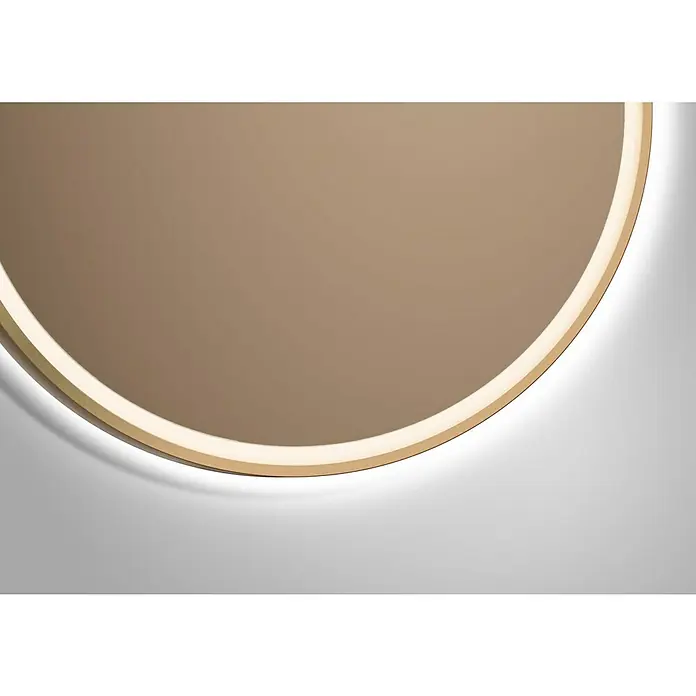 DSK Lichtspiegel Desire - Durchmesser: 55 cm, Bronze, Leuchtmittel - Nahaufnahme eines runden Spiegels mit sanfter Hintergrundbeleuchtung, der ein warmes, einladendes Ambiente erzeugt.