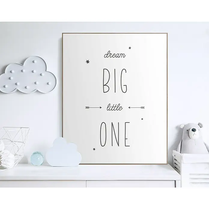 Reinders Bild Slim Frame Wood - Dream Big Little One, B x H: 40 x 50 cm - Kinderzimmerdeko mit einem Bilderrahmen mit der Aufschrift "Dream Big Little One" und einer Wolkenlampe. Niedliche Deko für das Babyzimmer.