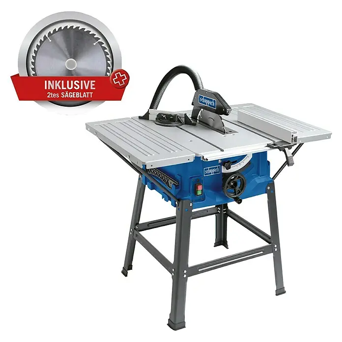 Scheppach Tischkreissäge HS100S - 2.000 W, Durchmesser Sägeblatt: 250 mm, Schnitttiefe bei 90 °: 85 mm - Abbildung einer Scheppach Tischkreissäge mit inklusivem Sägeblatt, ideal für präzise Holzarbeiten in Werkstätten oder Hobbyräumen.