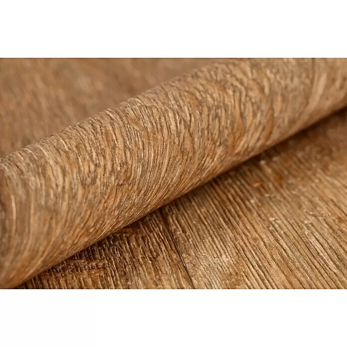 Rasch Vliestapete Holz I - Natur, Holzoptik, 10,05 x 0,53 m - Aufgerollter brauner Stoff mit Holzmaserung.