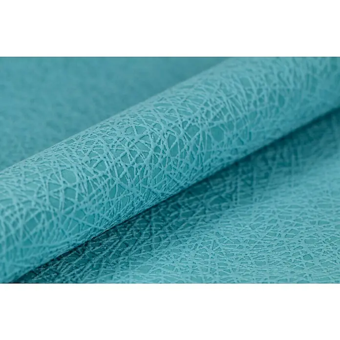 Rasch Vliestapete Geflechtstruktur - Blau/Türkis, Uni, 10,05 x 0,53 m - Nahaufnahme eines türkisfarbenen Stoffes mit zartem, hellem Webmuster, das für eine stilvolle und moderne Ästhetik sorgt.