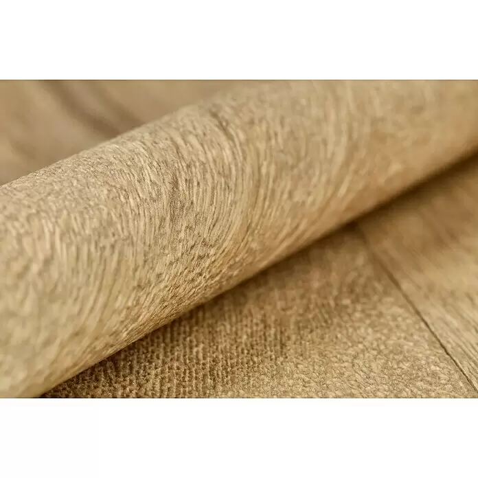 Rasch Vliestapete Holz I - Braun, Holzoptik, 10,05 x 0,53 m - Hellbrauner, strukturierter Stoff, teilweise ausgerollt.