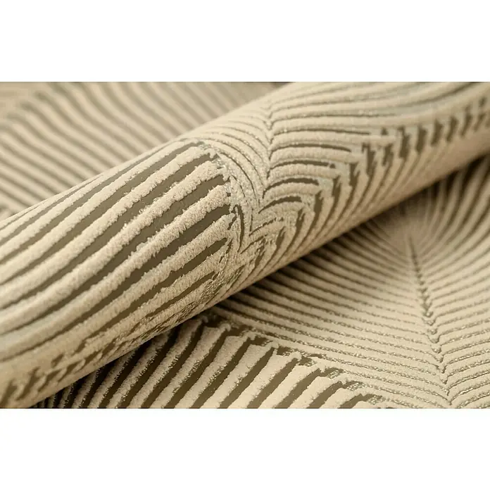 Rasch Yucatán Vliestapete - Beige/Braun, Grafisch, 10,05 x 0,53 m - Nahaufnahme eines gerollten Teppichs mit einem abstrakten, cremefarbenen und grauen Streifenmuster.