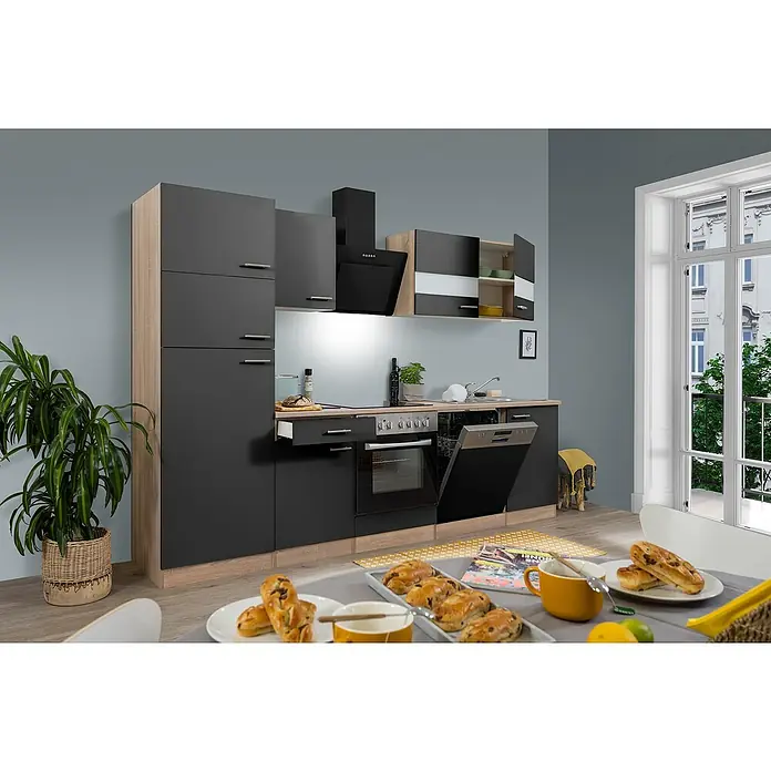 Respekta Küchenzeile Merle Typ 2 - Breite: 280 cm, Grau, Mit Elektrogeräten, Volumen Backofen: 72 l - Küchenzeile in Grau und Holzoptik mit modernen Geräten, inklusive Ofen und Geschirrspüler. Perfekt für stilvolles Kochen und einfache Reinigung.
