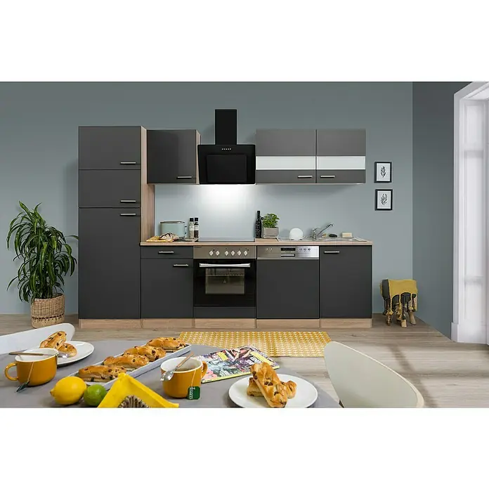 Respekta Küchenzeile Merle Typ 2 - Breite: 280 cm, Grau, Mit Elektrogeräten, Volumen Backofen: 72 l - Moderne Küche mit grauen Schränken, integrierten Geräten und Frühstückstisch mit Gebäck und Getränken. Helle Arbeitsplatte und gelber Teppich.