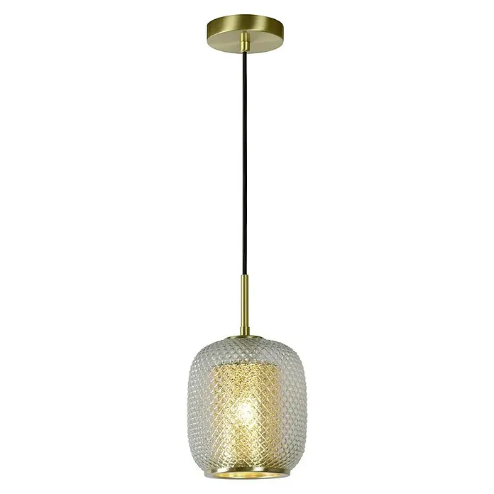 Lucide Pendelleuchte Agatha - 40 W, L x B x H: 18 x 18 x 163 cm, Messing, Gold, Gold, E27 - Nahaufnahme einer stilvollen Pendelleuchte mit goldenen Akzenten und einem gemusterten Glasschirm.