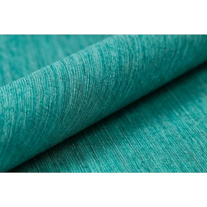 Rasch BARBARA Home Collection II Vliestapete - Türkis, Uni, 10,05 x 0,53 m - Detailaufnahme eines aufgerollten türkisfarbenen Stoffes mit feiner, texturierter Oberfläche, ideal für Möbel oder Dekoration.