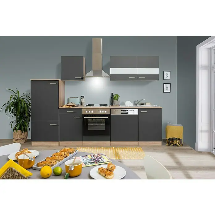 Respekta Küchenleerblock Merle - Breite: 280 cm, Grau, Ohne Elektrogeräte - Küchendesign mit grauen Schränken, Spüle, Herd und Backofen sowie Dekorationen auf dem Tisch.