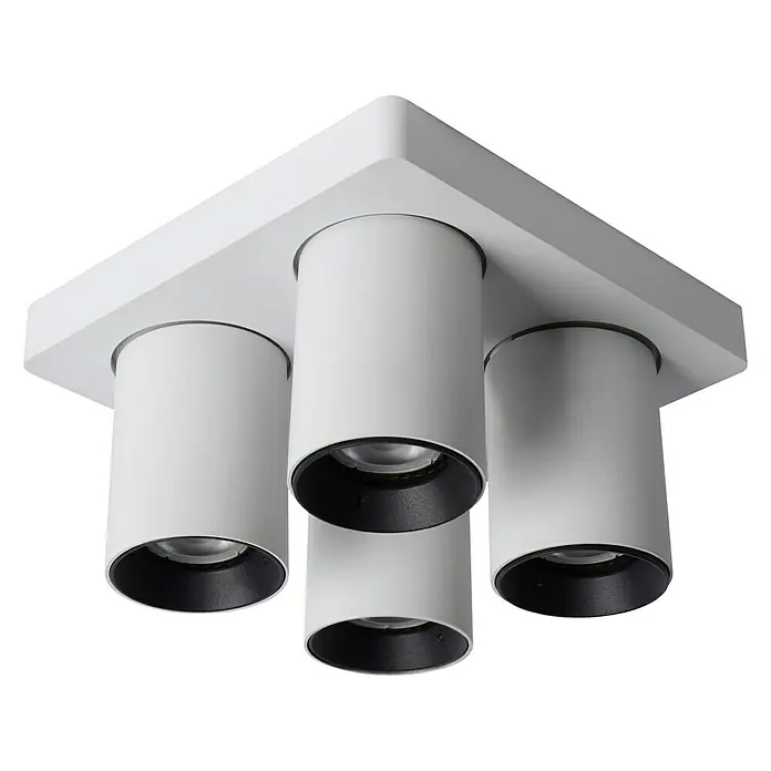 Lucide Deckenstrahler NigelL x B x H: 20 x 20 x 11,5 cm, Weiß, GU10 - Weisse Deckenleuchte mit vier zylindrischen Strahlern. Modernes Design für Innenräume, mit schwarzem Reflektor.