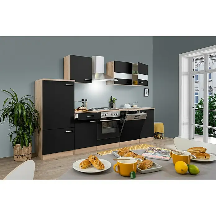 Respekta Küchenzeile Merle - Breite: 280 cm, Schwarz, Mit Elektrogeräten, Volumen Backofen: 58 l - Moderne Küche mit schwarzen Schränken und hellen Holzakzenten, Geschirrspüler offen, Tisch mit Gebäck und Getränken.