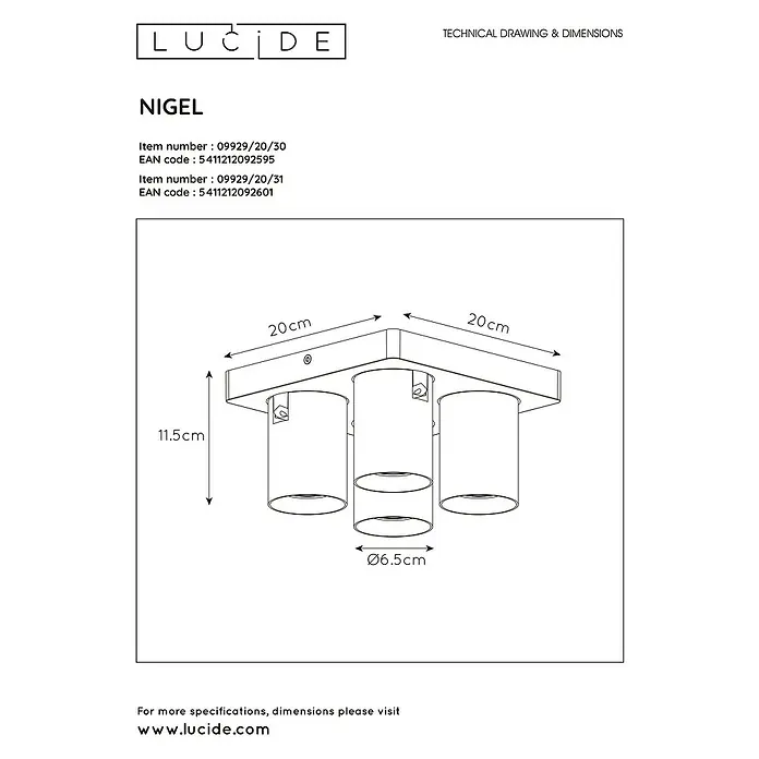 Lucide Deckenstrahler Nigel - 20 W, L x B x H: 20 x 20 x 11,5 cm, Schwarz, GU10 - Technische Zeichnung der Lucide Nigel Deckenleuchte mit den Maßen 20x20 cm (Basis) und einer Höhe von 11,5 cm, Durchmesser der Spots 6,5 cm.