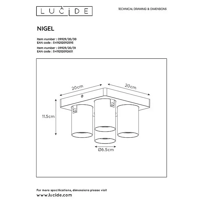 Lucide Deckenstrahler NigelL x B x H: 20 x 20 x 11,5 cm, Weiß, GU10
