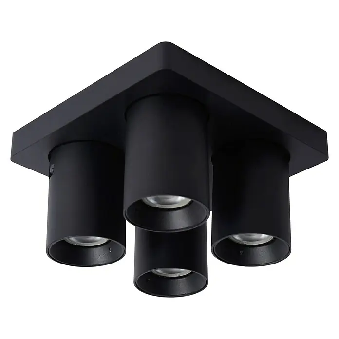 Lucide Deckenstrahler Nigel - 20 W, L x B x H: 20 x 20 x 11,5 cm, Schwarz, GU10 - Nahaufnahme einer schwarzen Deckenleuchte mit vier zylindrischen Strahlern auf quadratischer Basis.
