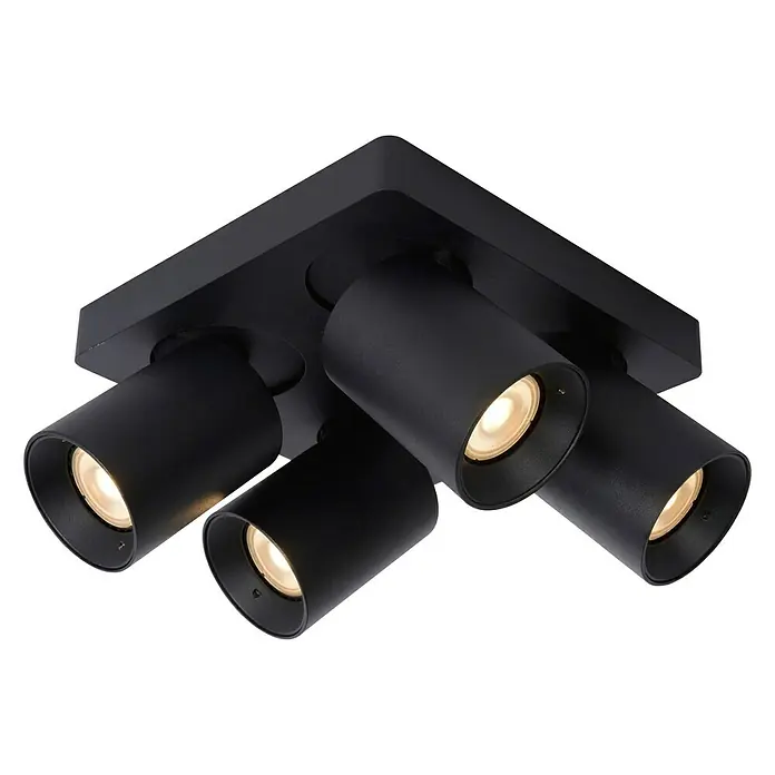 Lucide Deckenstrahler Nigel - 20 W, L x B x H: 20 x 20 x 11,5 cm, Schwarz, GU10 - Deckenleuchte mit vier Strahlern in Schwarz, die warmes Licht spenden und eine moderne Atmosphäre schaffen.