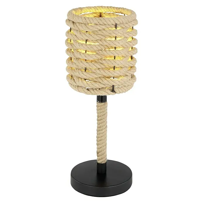 Globo Halia Deko-Tischleuchte - 40 W, L x B x H: 20 x 20 x 30 cm - Nahaufnahme einer Nachttischlampe mit einem Lampenschirm aus Seil, der ein warmes, einladendes Licht ausstrahlt, steht auf einem schlanken, schwarzen Sockel.