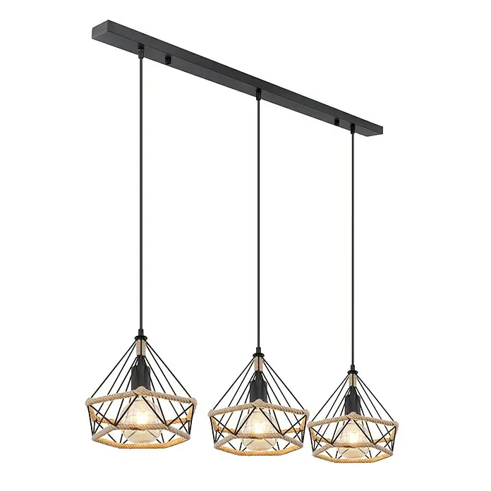 Globo Pendelleuchte ULLEU - 40 W, L x B x H: 120 x 30 x 30 cm, Schwarz, E27 - Diese Pendelleuchte mit drei Lampen ist ein echter Hingucker! Die Lampenschirme sind mit Seilen umwickelt und spenden ein warmes Licht.