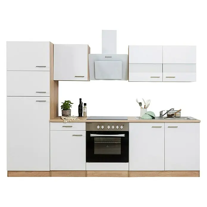 Respekta Cocina compacta Merle - Ancho: 270 cm, Blanco, Con electrodomésticos - Mueble de cocina moderno con armarios blancos y decoración de madera clara. Incluye cocina, fregadero y campana extractora completa.