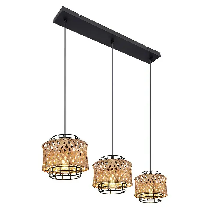 Globo Pendelleuchte GINA40 W, L x B x H: 23 x 19 x 59 cm, Schwarz, E27, 3 Stk. - Eine Hängeleuchte mit drei Lampen, jede mit einem geflochtenen Lampenschirm und einem schwarzen Metallrahmen.