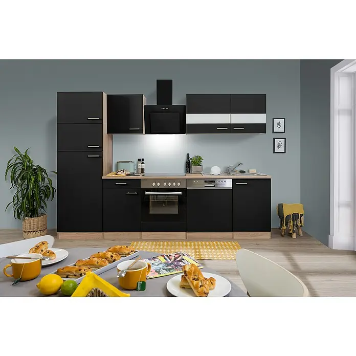 Respekta Küchenzeile Merle Typ 2 - Breite: 280 cm, Schwarz, Mit Elektrogeräten, Volumen Backofen: 72 l - Moderne Küchenzeile in Schwarz und Holzoptik mit Elektrogeräten, Geschirr und Dekorationen für ein gemütliches Ambiente.