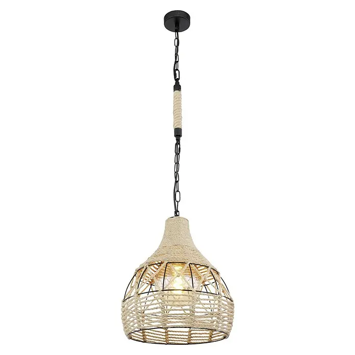 Globo Pendelleuchte HALIA60 W, Schwarz, E27, Durchmesser: 30 cm - Attraktive Hängeleuchte mit Seil umwickelt, die eine gemütliche und natürliche Atmosphäre in jeden Raum bringt.