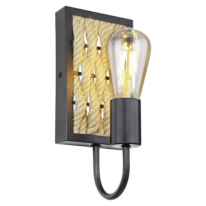 Globo Wandleuchte HALIA - 40 W, Schwarz-matt, E27 - Nahaufnahme einer Wandleuchte im Industrie-Stil mit einem Seil-Akzent und einer Edison-Glühbirne, die ein warmes Licht ausstrahlt.