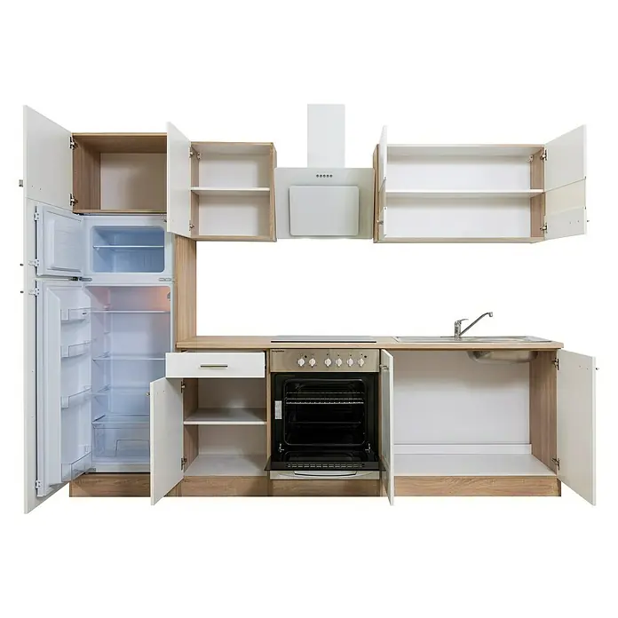 Respekta Cocina compacta Merle - Ancho: 270 cm, Blanco, Con electrodomésticos - Imagen de un bloque de cocina completo con armarios abiertos, cajones, nevera, fregadero y cocina.