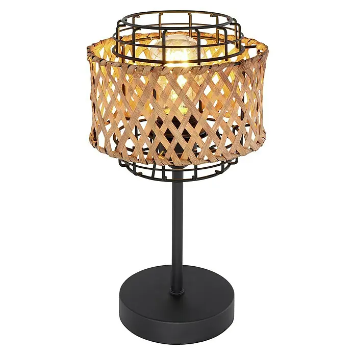 Globo Tischleuchte rund GINA - 40 W, Ø x H: 17 x 32 cm, Schwarz, E27 - Attraktive Tischleuchte mit einem Lampenschirm aus geflochtenem Korb und einem eleganten, schwarzen Metallfuß, die warmes Licht spendet.