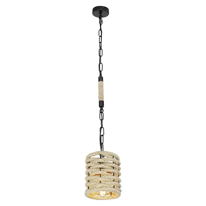 Globo Pendelleuchte HALIA - 60 W, Schwarz, E27, Durchmesser: 15 cm - Elegante Hängelampe mit Seilakzenten und einer robusten Kette, ideal für ein nautisches oder rustikales Ambiente.