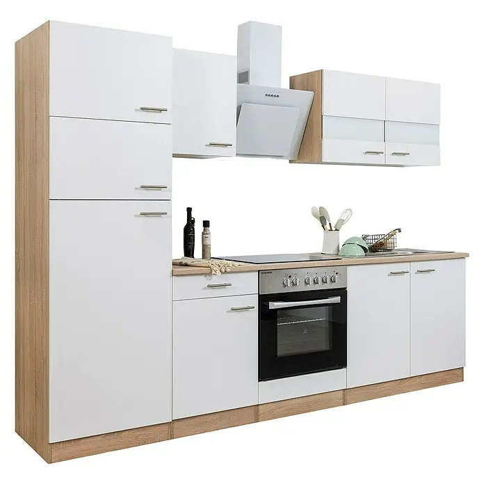 Respekta Cocina compacta Merle - Ancho: 270 cm, Blanco, Con electrodomésticos - Cocina equipada con armarios blancos y elementos de madera, incluyendo campana extractora y cocina con horno.
