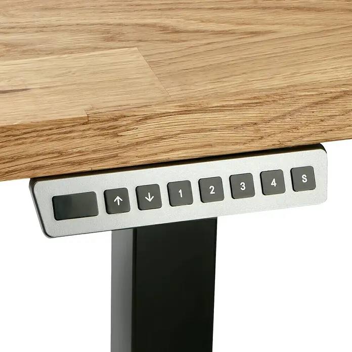 Tablero de mesa - Roble, 120 x 80 x 2,6 cm - Vista detallada de los controles de un escritorio de altura regulable con botones para subir, bajar y posiciones de memoria.